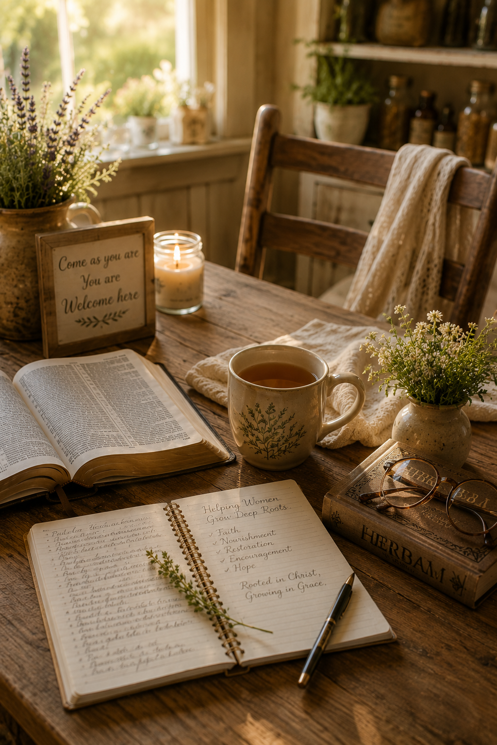 Bible, journal, and herbal tea