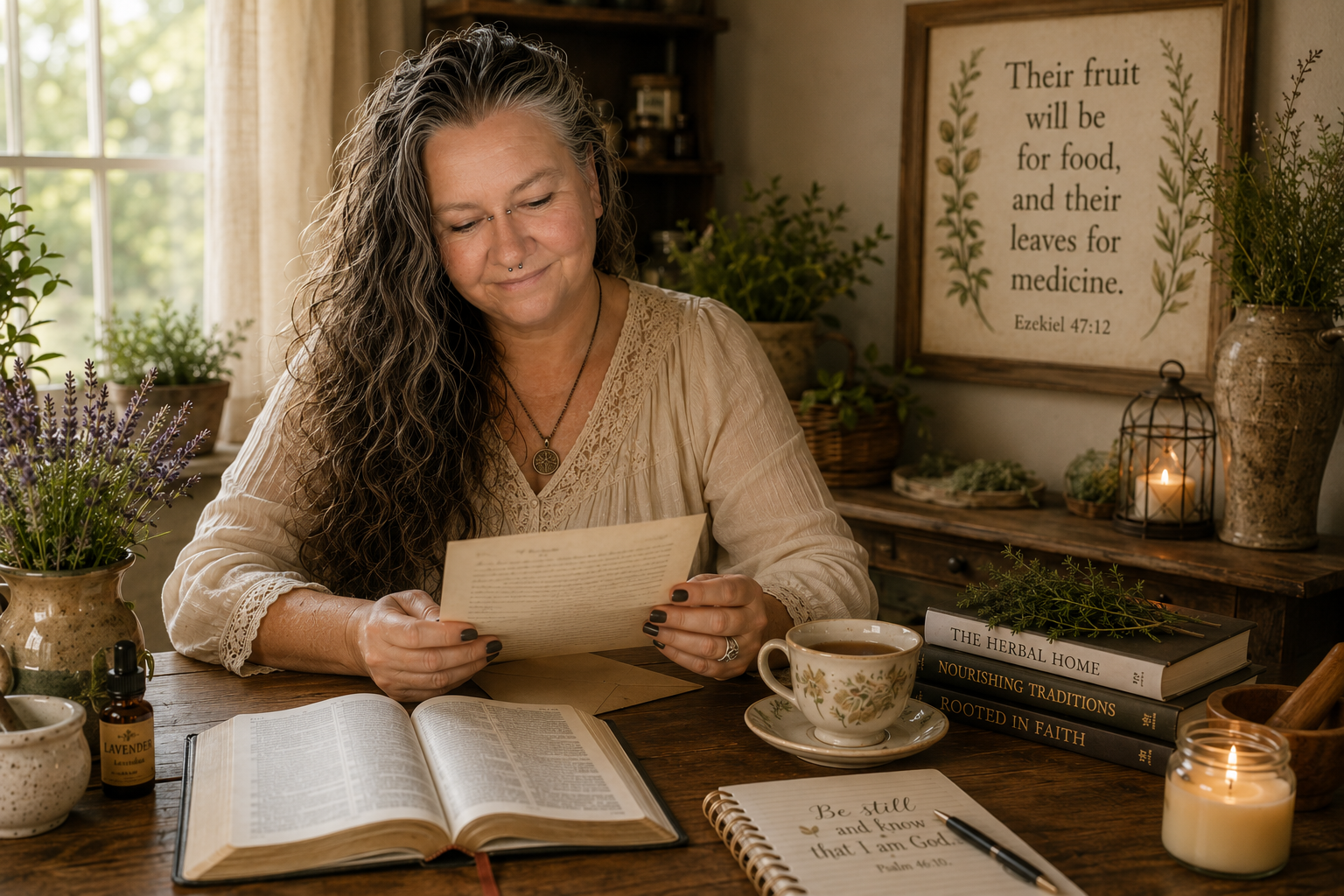 Loretta seated at the farmhouse table holding a mug of herbal tea