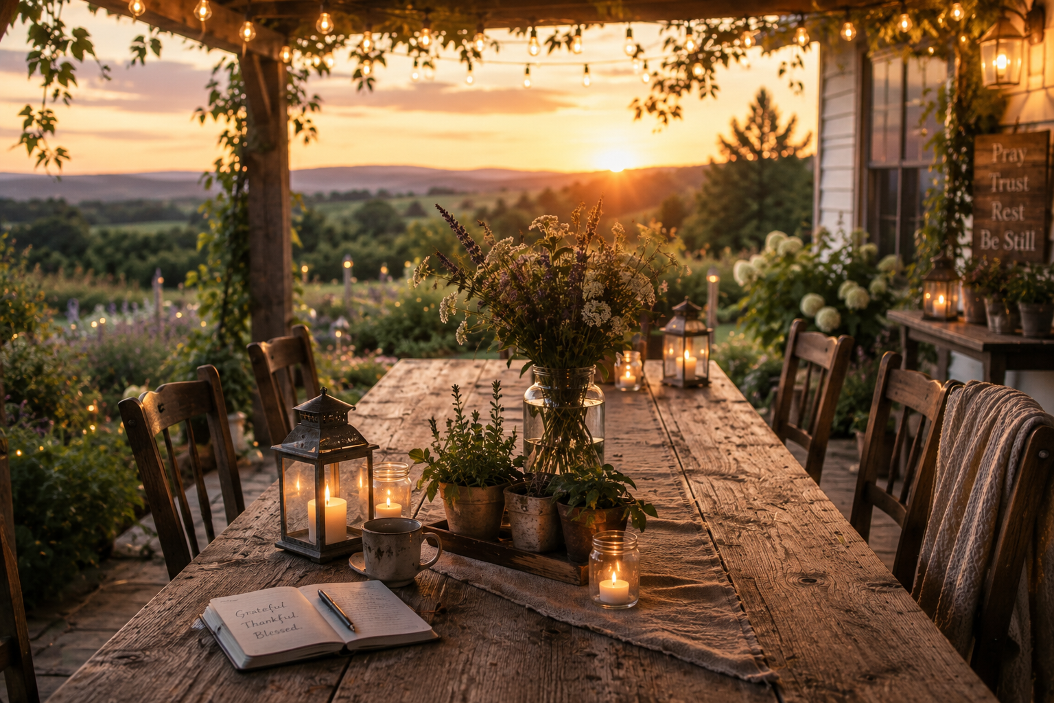 Farmhouse table with flowers, candles, and empty chairs